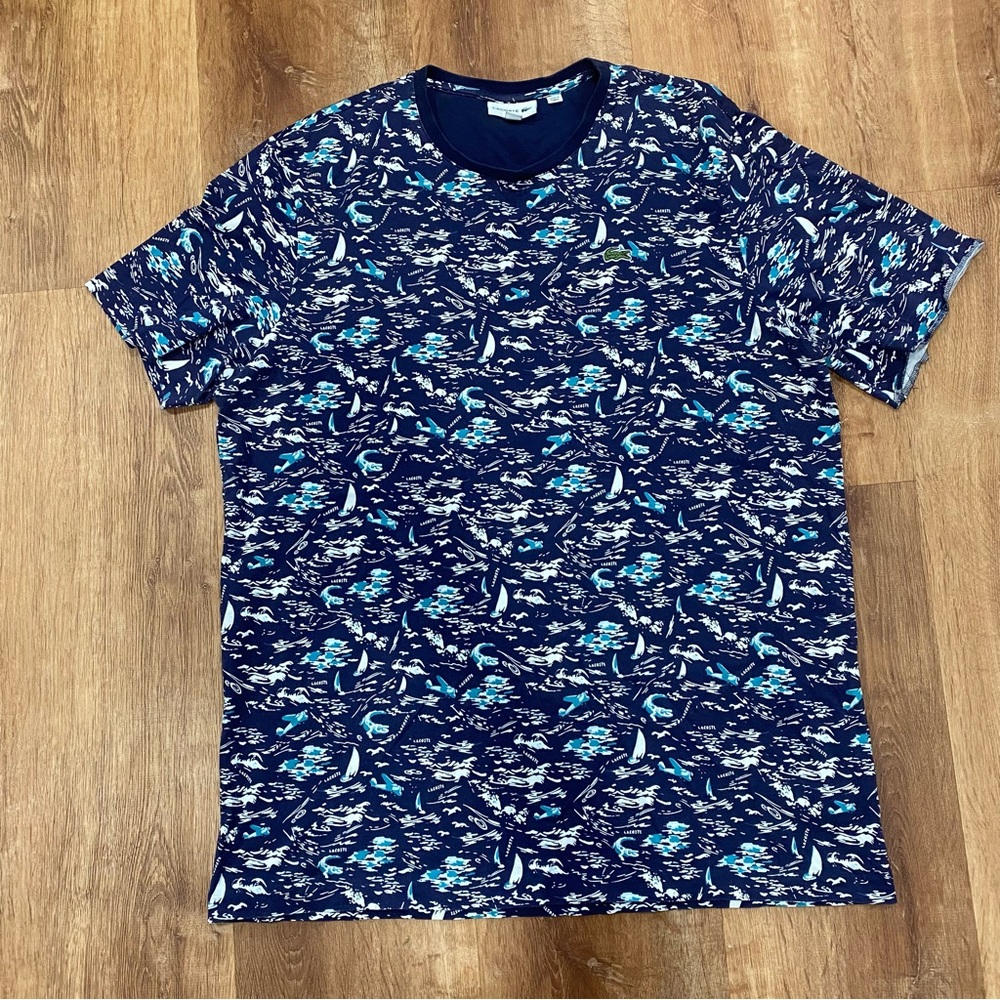 Lacoste Mens Cotton T-Shirt Mens XLT Blue AOP All Over Print Preppy Casual
